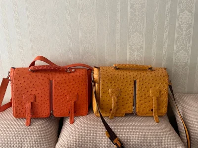 以前在日本买了一个黄色的同款包，谁见了都问哪里买的，这回又入手了一个同样款式同样鸵鸟皮的包，不过颜色不同，以前的是明黄色的这个是橘红色的，同样是满点大钉鸵鸟皮同样是JRA稀有皮认证，换着背