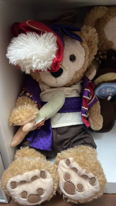 淘到一只超稀有的港迪初代新春达菲，这只黄马褂达菲在二手市场上挺贵的，虽然是有市无价啦，但是煤炉上价格很美好，果断收啦。