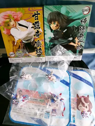 这次淘到的是两个鬼灭最新动画的主要人物时透无一郎和甘露寺蜜璃的景品，动态感都不错。还有赛马娘的跑跑小摆件和小毛巾，很可爱！快递用的竹蜻蜓，一如既往的优秀！