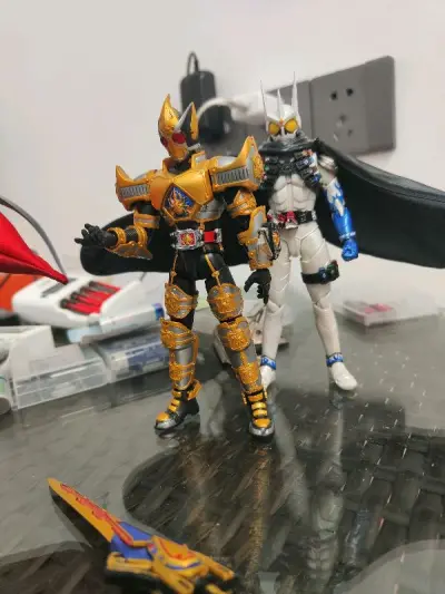 以前看假面骑士black最喜欢的就是这个王者剑了，这次碰巧遇到一个还不错的价，果断入手，到手后发现细节刻画真不错，虽然不是金色而是古铜色，但是还是很漂亮的，就是可以这是旧版的shf,头雕明显会小一圈，整体也矮一点