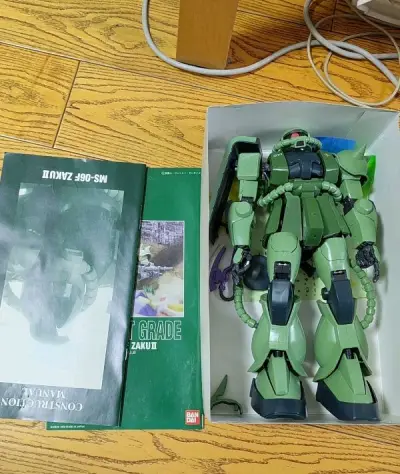 万代机动战士高达pg绿扎古，价格挺便宜买来。可惜有些瑕疵，有的地方被制作者上了胶水，完全没必要。还有些配件掉落