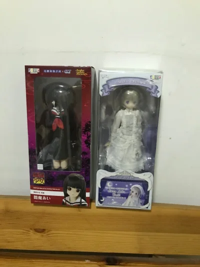 这次在挖煤姬淘到了两只azone的娃娃，是地狱少女阎魔爱和天鹅湖莱利，两只娃娃一黑一白，相得益彰，很美丽，只是卖家说未拆封，拿到手发现是拆封的