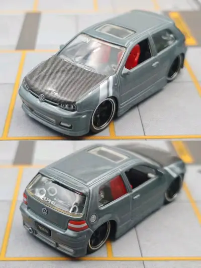 这款大众高尔夫改装车太戳德系玩家！灰调车身搭碳纤机盖，红内+低趴姿态质感拉满，细节还原改装神韵，摆桌直接拿捏街车酷飒格调，收藏党狂喜！