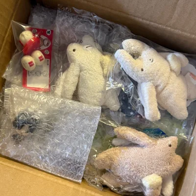 这次是在挖煤姬运回的第二单！走的竹蜻蜓plus很快就到了，切小体积的物品非常划算，包装也很稳固～
这次买了很多杂七杂八的ip，真的非常好买！很多都是第一次见的东西然后觉得很可爱就切了。
首先依旧是给azone切了衣服，再是一些扭蛋类型的挂件、摆件，最后是一些小众玩偶...