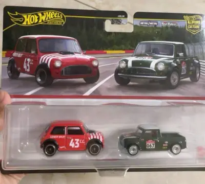 这套风火轮Mini双车套装太赞了！金属车身质感超棒，涂装细节拉满，红白红车和绿白皮卡的配色超经典，Real Riders轮胎手感也好，收藏把玩都合适！