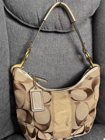 这次淘中古包真的挖到宝！一口气收两只Coach宝藏款，每只都戳中我的心巴。第一只是金色皮质的包，亮面皮革在光线下泛着细腻光泽，黄铜锁扣和包身的金色调呼应得恰到好处，拎在手里自带复古贵气感。还有一只珐琅扣拼色款，珐琅彩的搭扣明艳又精致，一点不显旧，包身是帆布和牛皮的拼...