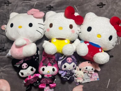 分享一下在挖煤姬买到的hello kitty毛绒大公仔，这次选择了海运，比我想象中的快多了，不到一个月就收到货了，经典配色和像奶酪一样的kitty超级可爱，软乎乎的手感特别好，还有库洛米和美乐蒂的毛绒玩偶也很美萌，许愿兔特别的小巧精致，很满意！