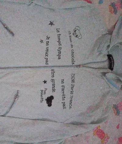 这件日牌小熊上衣真的太戳我啦！马卡龙色的底色上印着可爱的小熊和手写体英文，还点缀了闪闪的小亮片，细节超用心。面料软软糯糯的，穿上身温柔又可爱，随便搭个小裙子都很出彩，是近期买到的最满意的单品！