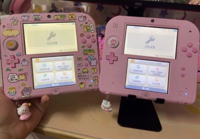 任天堂2DS老小二，粉色，二码合一，原装笔
原装摇杆帽掉了换了甜瓜猫爪帽，成色自己看视频，主要是光痕比较多，上屏轻微划痕，背后有一道划痕和几点小瑕疵，个人感觉不太明显，上下屏超级雪白，跟我的自留老黄对比可以看出来
不过还是很喜欢！！！