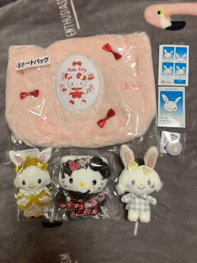 分享一下这次的购物开箱～这个kitty蝴蝶超级好看，特别精致，许愿兔是我蹲了很久买到的，是圣诞限定，衣服很好看后面还有一个蝴蝶结，特别小巧，这次也是很满意的购物～