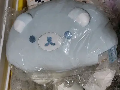 这次入手了雨过天晴系列穿着雨衣的熊妹等，其中最有意思的是轻松熊哥和鼻孔鸡双面抱枕，配色淡雅，蓬松的云朵抱枕非常软。挖煤姬竹蜻蜓速度快，包装好。