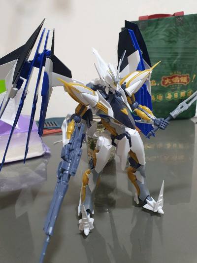 
拼好的，水口基本没修，可以自己修完再喷涂一下，比想象中大，接近mg大小。天线和肩甲尖的位置有点压弯了。这只喷涂完效果还是不错。