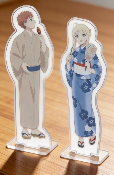 这款《卫宫家今天的饭》里卫宫士郎和Saber的浴衣亚克力立牌，立绘还原度超高，色彩饱满，线条清晰，完美还原了两人在夏日祭的氛围感。亚克力材质厚实通透，边缘切割平整无毛刺，底座稳固不易倾倒，摆在桌面质感十足。卖家包装用心，用气泡袋和硬盒层层防护，运输全程无磕碰，到手崭...这款《卫宫家今天的饭》里卫宫士郎和Saber的浴衣亚克力立牌，立绘还原度超高，色彩饱满，线条清晰，完美还原了两人在夏日祭的氛围感。亚克力材质厚实通透，边缘切割平整无毛刺，底座稳固不易倾倒，摆在桌面质感十足。卖家包装用心，用气泡袋和硬盒层层