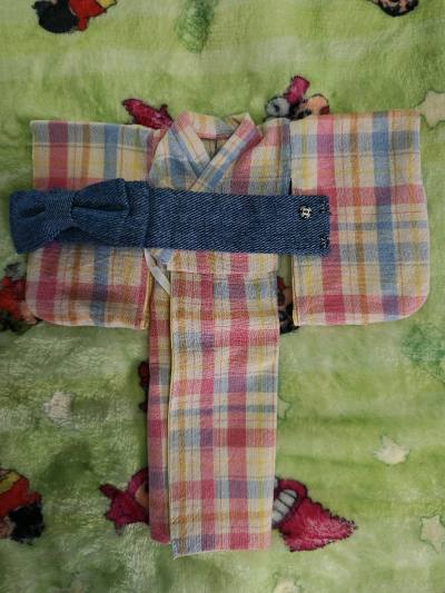 这一次买到的杏子和服是条纹款式 非常厚实的布料 腰带是牛仔布 温柔端庄之余非常有力量感！带扬带缔的颜色与和服的格纹色彩相互呼应 完美！