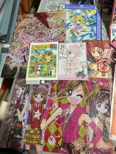 这次切到了一张辣妹当家的垫板
还有樱姬华传文件夹和东京猫猫文件夹
种村有菜稀有签名明信片和透卡明信片
贞德的笔记本 宫崎骏龙猫明信片
姬子的零钱包 灼眼的夏娜稀有贴纸
还有很多东京猫猫等IP稀有贴纸～
好开心感谢挖煤姬！