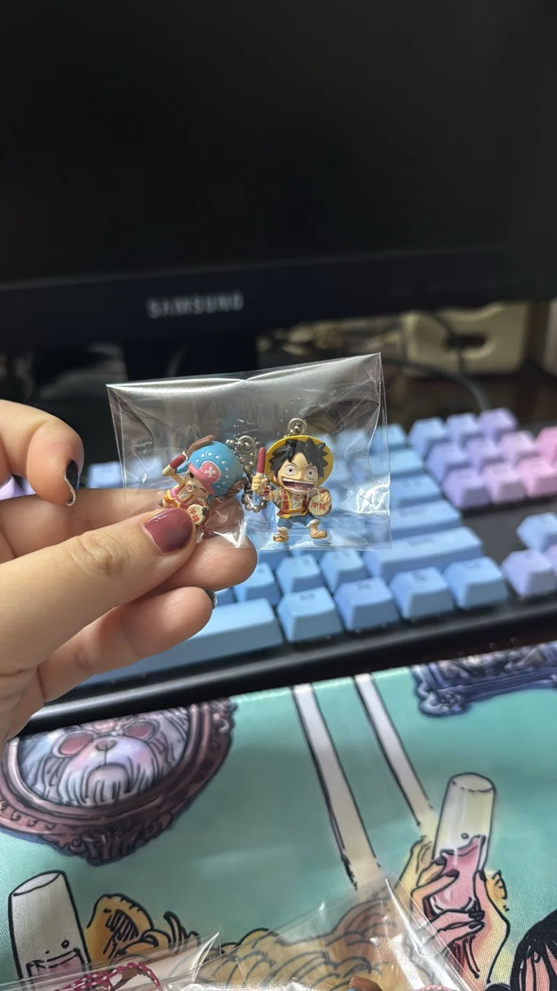 这次很开心在挖煤姬上买到了海贼王人物的区域限定挂件，有群马女帝、冲绳路飞、索隆、乔巴，很满足，每件物品包装很好，品相也很好