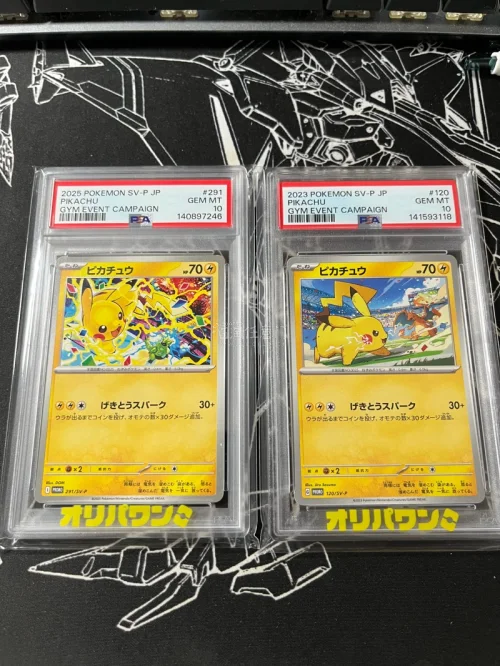 两张psa10的皮卡丘入手，皮卡丘vs喷火龙目标2/10，再接再厉！顺便入手了一张最新的战斗皮，也是很帅气！两张不是连号，有点可惜了。
