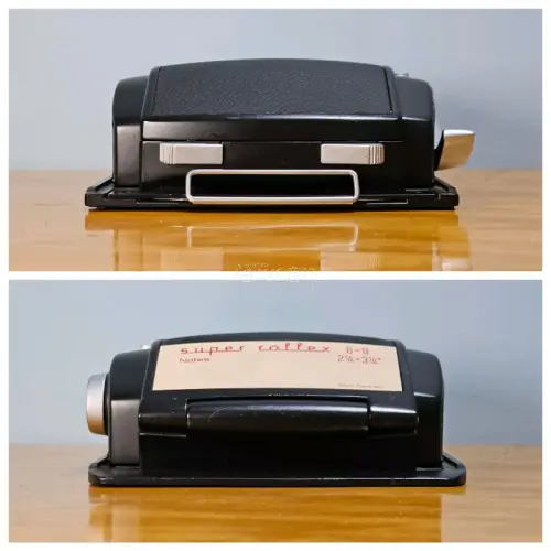 林哈夫Linhof super rollex 69后背，45相机用，格拉菲标准，做工用料极其坚固扎实，比骑士612都重三分之一

有使用痕迹，饰皮保存状况好，手感温润，片仓插刀无锈蚀

使用废卷测试，过片停片动作顺畅，片距均匀。计数器归零正常