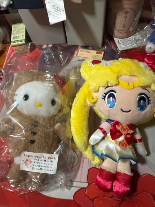 姐妹们！！在挖煤姬蹲到的两只绝版玩偶终于平安到家了??
? Hello Kitty 棕色小熊变装款
软fufu的泰迪熊造型Kitty真的萌化了！毛毛手感超级好，经典黄鼻子+蝴蝶结，复古感拉满～卖家还贴了手写感谢小卡片，樱花图案好治愈?
? 美少女战士SuperS 超...
