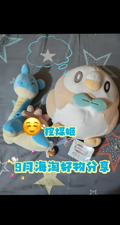 这次又在挖煤姬里淘到了很多宝可梦周边！都非常的可爱?尤其是这只Mocchi Mocchi木木枭，超级软，手感超级好！
挖煤姬切煤的速度很快，这些毛绒在合单后通过空运运回，运输速度很快，大概十几天就送到了，挖煤姬官方打包的也很用心，毛绒也没有出现破损脏污的情况！