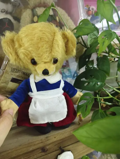 终于把这位复古小可爱带回家啦?
英国Merrythought Mrs.Twisty Cheeky熊
马海毛的毛茸茸质感+经典围裙小裙子
自带老玩具独有的时光氛围感
安静待在绿植旁，温柔又治愈
中古收藏的快乐谁懂呀～